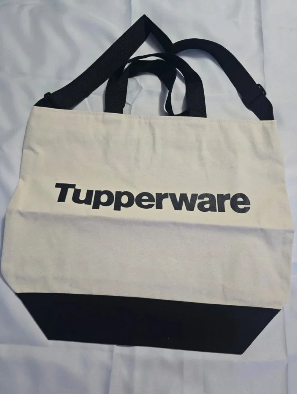 Tupperware Large Promotional Consultant Logo Cream Canvas Tote Bag Black Handles